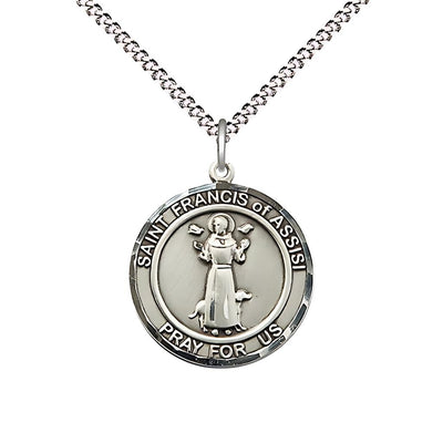 St. Francis of Assisi Pewter Round Medal with Plated Chain, Medium 3/4-inch tall by 5/8-inch wide, Bliss Manufacturing