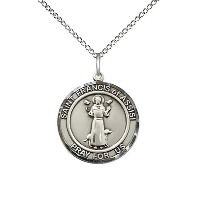 St. Francis of Assisi Sterling Silver Round Medal with Sterling Silver Chain, Medium 3/4-inch tall by 5/8-inch wide, Bliss Manufacturing