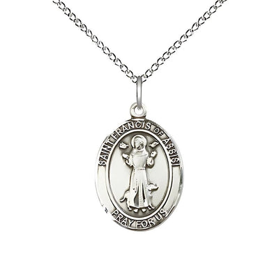 St. Francis of Assisi Sterling Silver Oval Medal with Sterling Silver Chain, Measures 3/4-inch tall by 1/2-inch wide, Bliss Manufacturing