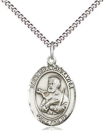 Medium Sterling Silver St Francis Xavier Pendant on a 18 inch Light Rhodium Light Curb Chain, Bliss Manufacturing
