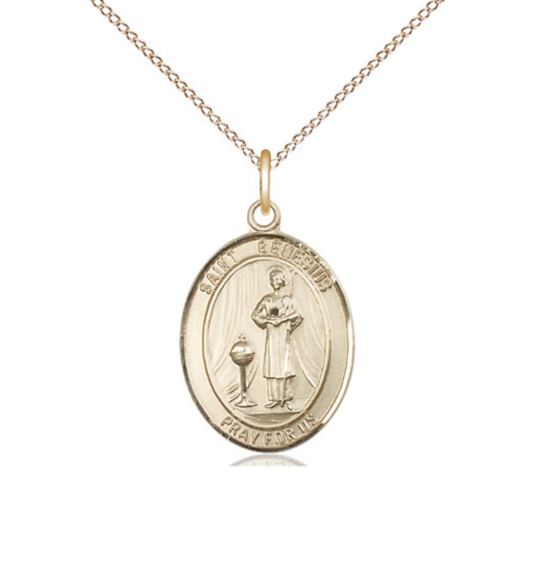 Bliss St Genesius of Rome Gold Filled Oval Medium Medal Necklace with Gold Filled Chain,