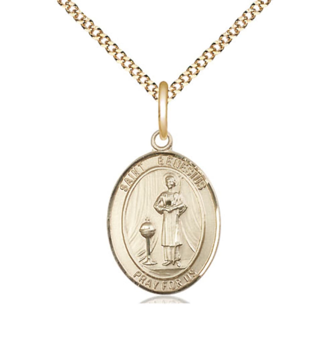 Bliss St Genesius of Rome Gold Filled Oval Medium Medal Necklace with Gold Plated Chain,