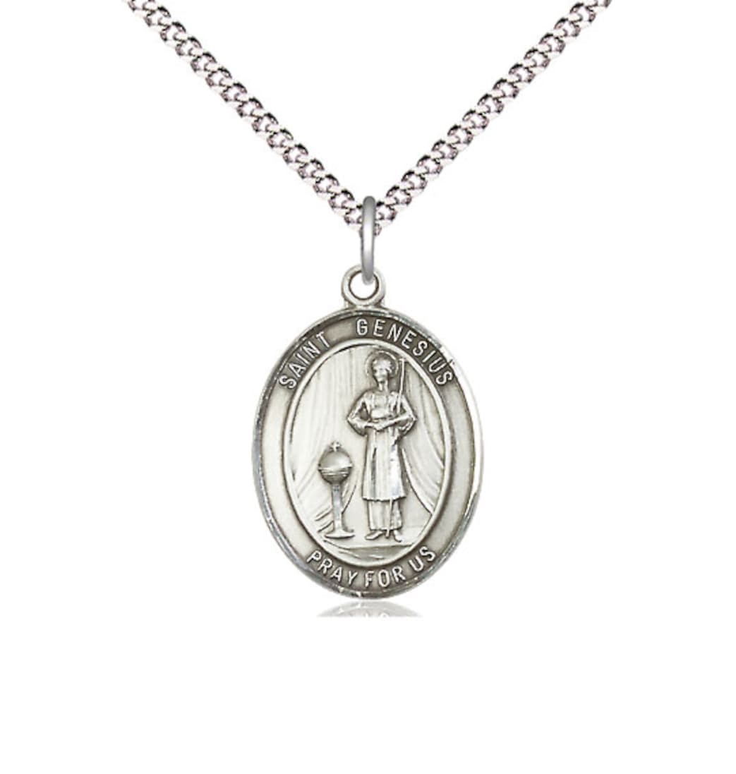 Bliss St Genesius of Rome Medium Pewter Oval Medal Necklace