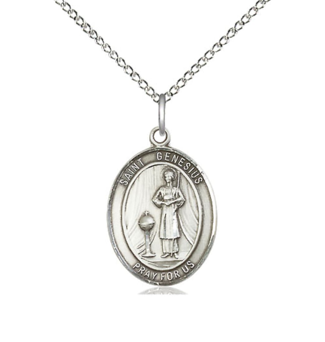 Bliss St Genesius of Rome Sterling Silver Oval Medium Medal Necklace w/Sterling Chain,