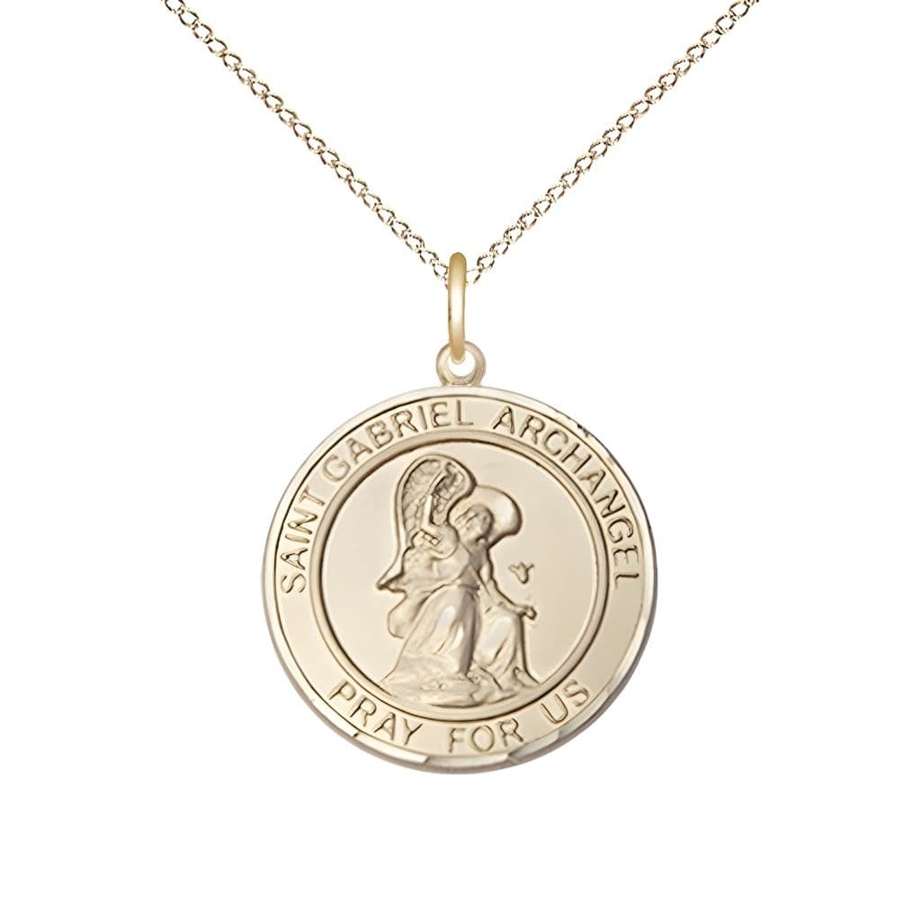 Bliss St. Gabriel the Archangel 14kt Gold Round Medal Pendant with 14kt Gold Chain, Measures 3/4-inch tall by 5/8-inch wide.