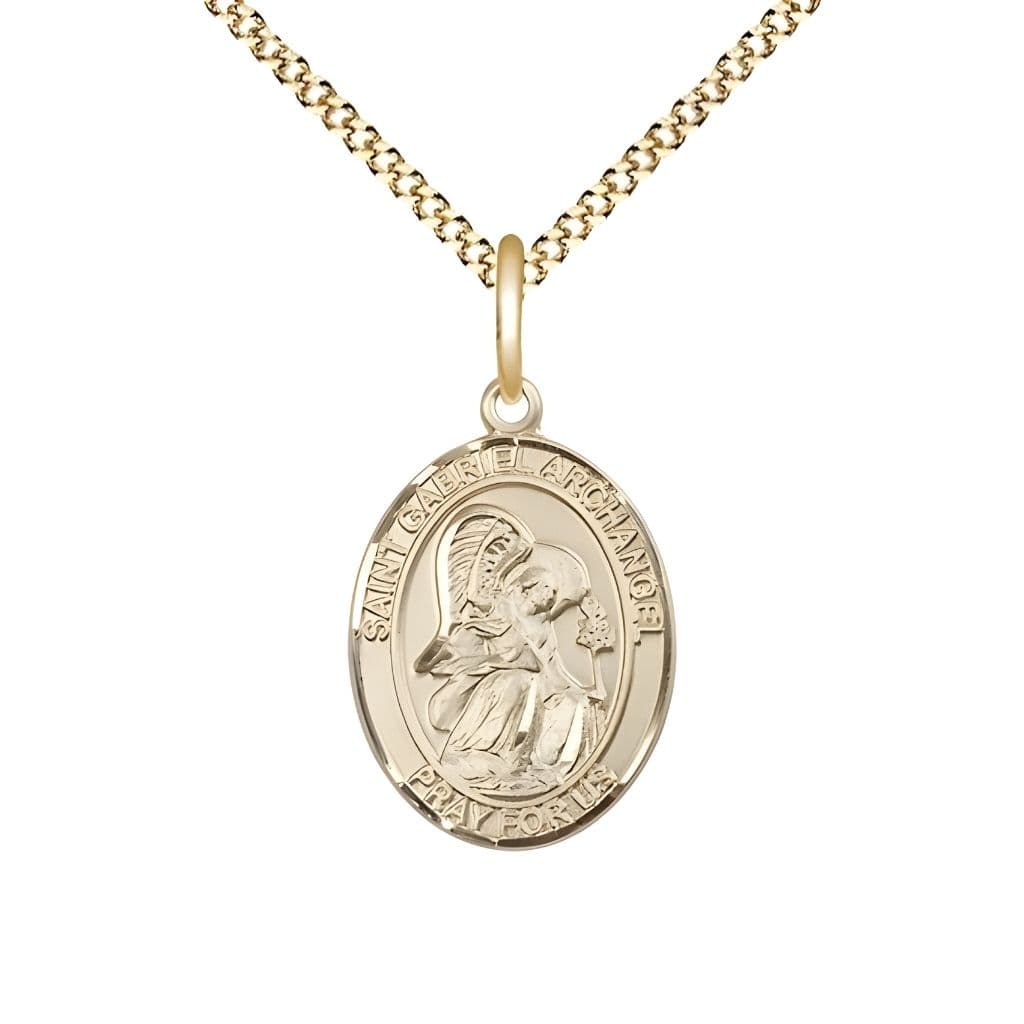 Bliss St. Gabriel the Archangel 14kt Gold-filled Oval Medal Pendant with Gold-plated Chain, Measures 3/4-inch tall by 1/2-inch wide.