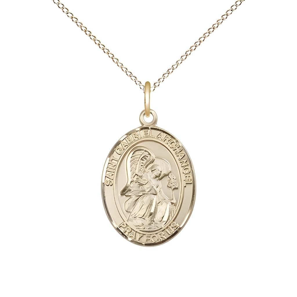 Bliss St. Gabriel the Archangel 14kt Gold-filled Oval Medal Pendant with Gold-filled Chain, Measures 3/4-inch tall by 1/2-inch wide.