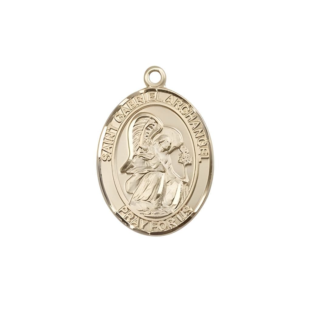 Bliss St. Gabriel the Archangel 14kt Gold Oval Medal Pendant, Measures 3/4-inch tall by 1/2-inch wide.
