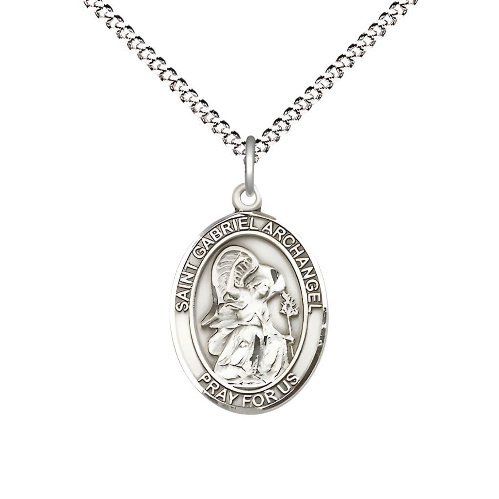 Bliss St. Gabriel the Archangel Pewter Oval Medal Pendant with Rhodium-plated Chain, Measures 3/4-inch tall by 1/2-inch wide.