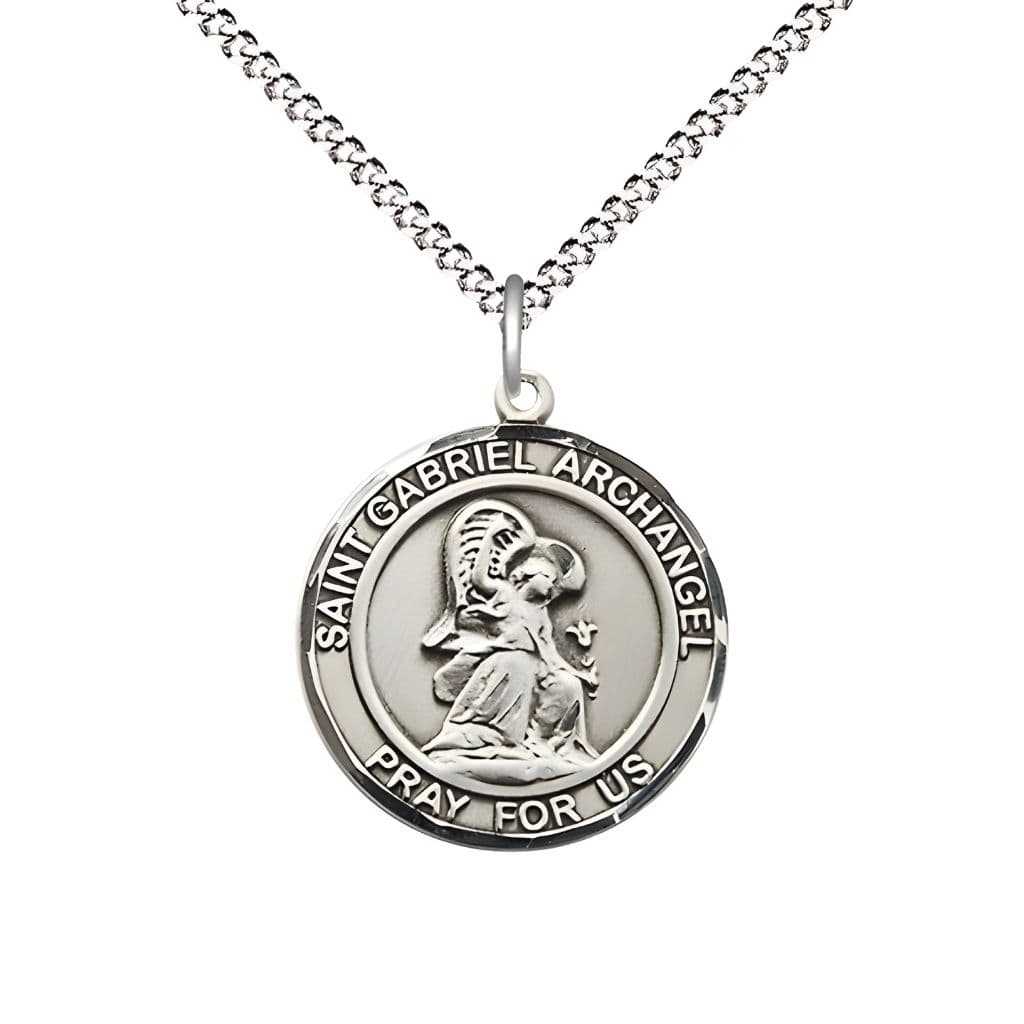 Bliss St. Gabriel the Archangel Pewter Round Medal Pendant with Rhodium-plated Chain, Measures 3/4-inch tall by 5/8-inch wide.