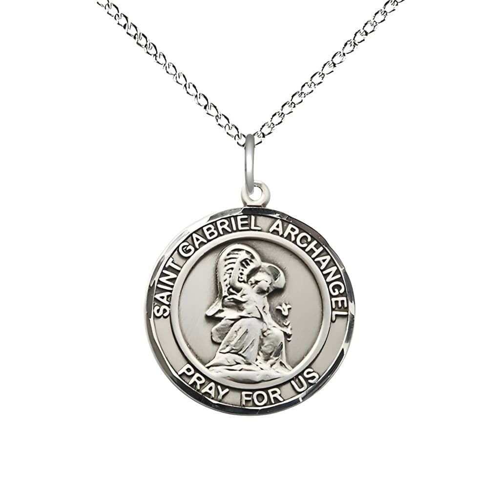 Bliss St. Gabriel the Archangel Sterling Silver Round Medal Pendant with Sterling Silver Chain, Measures 3/4-inch tall by 5/8-inch wide.