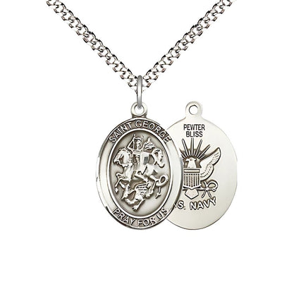 St. George and U.S. Navy Emblem Pewter Medal with Plated Chain, 3/4-inch, Bliss Manufacturing
