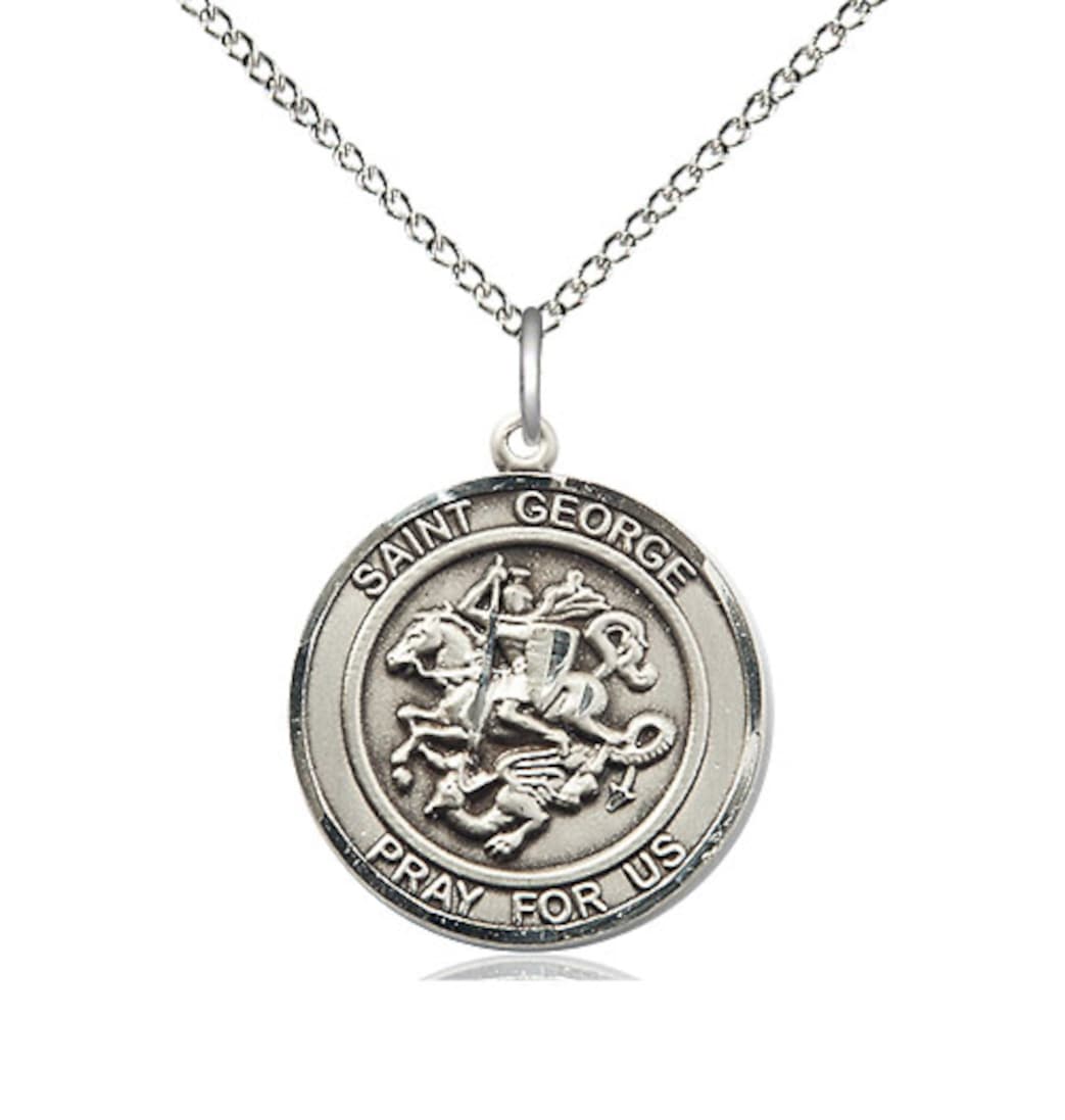 Bliss Round St George Sterling Silver Medium Medal Necklace with Sterling Chain,