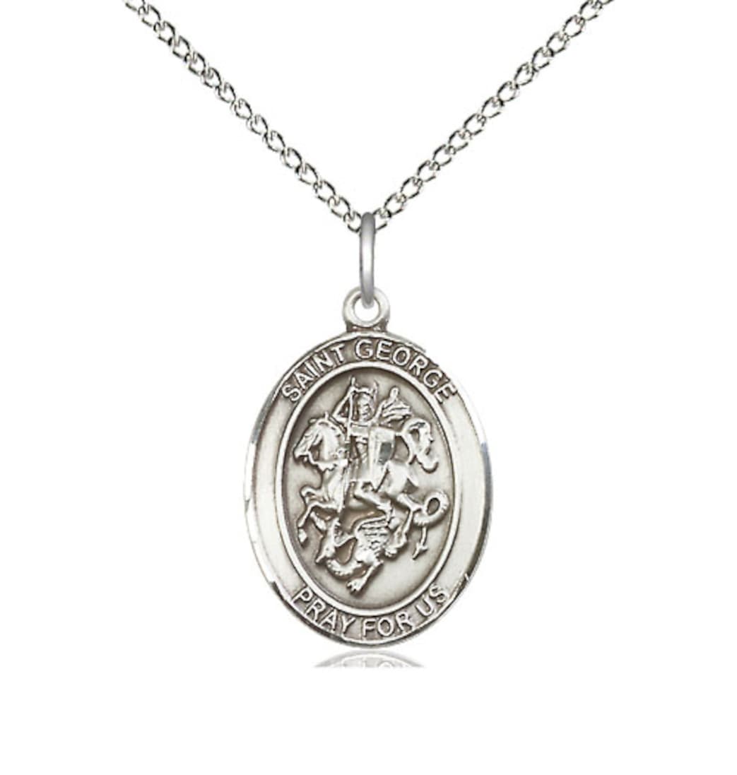 Bliss Medium St George Sterling Silver Oval Medal Necklace with Sterling Silver Chain,