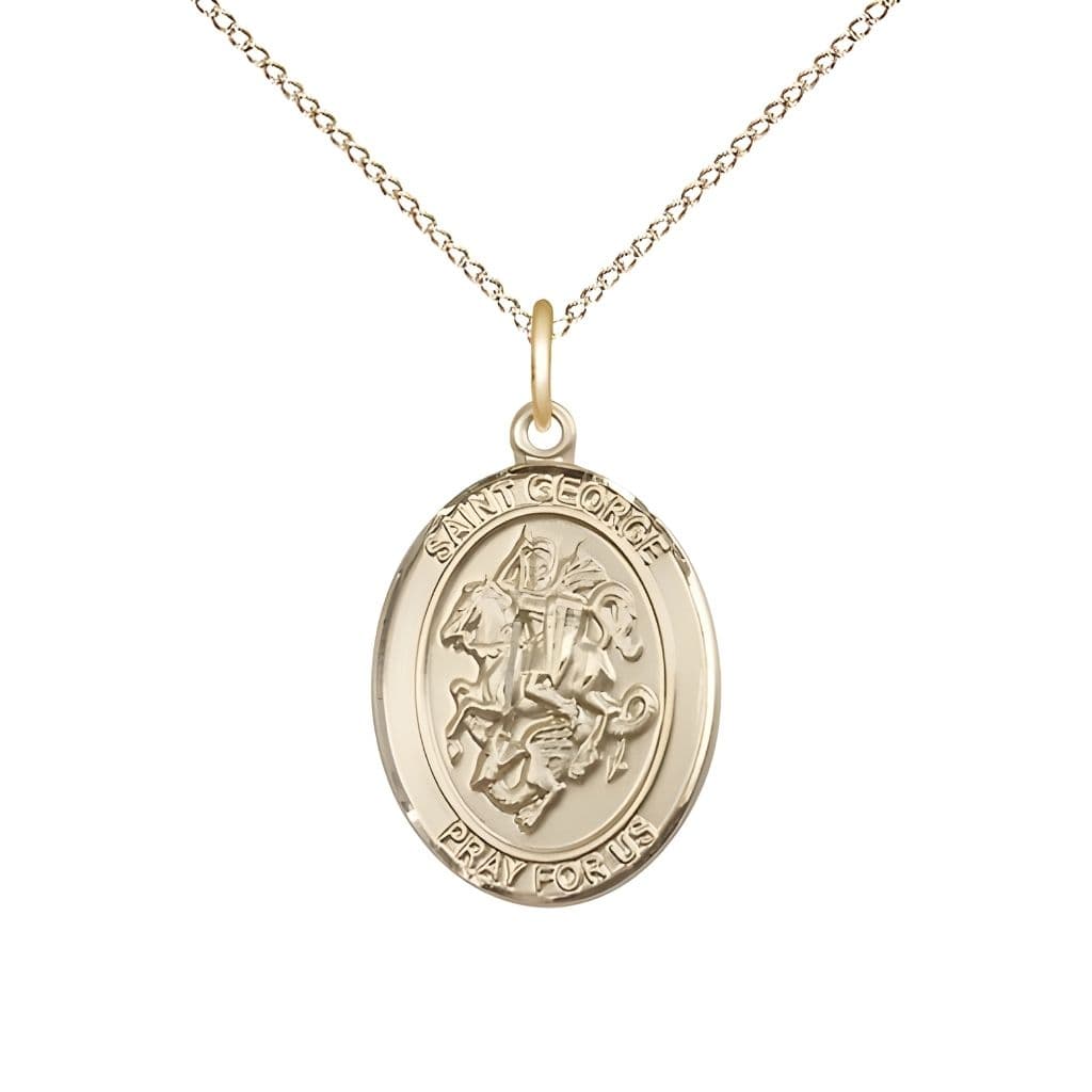 Bliss St. George 14kt Gold Oval Medal Pendant with 14kt Gold Chain, Measures 3/4-inch tall by 1/2-inch wide.