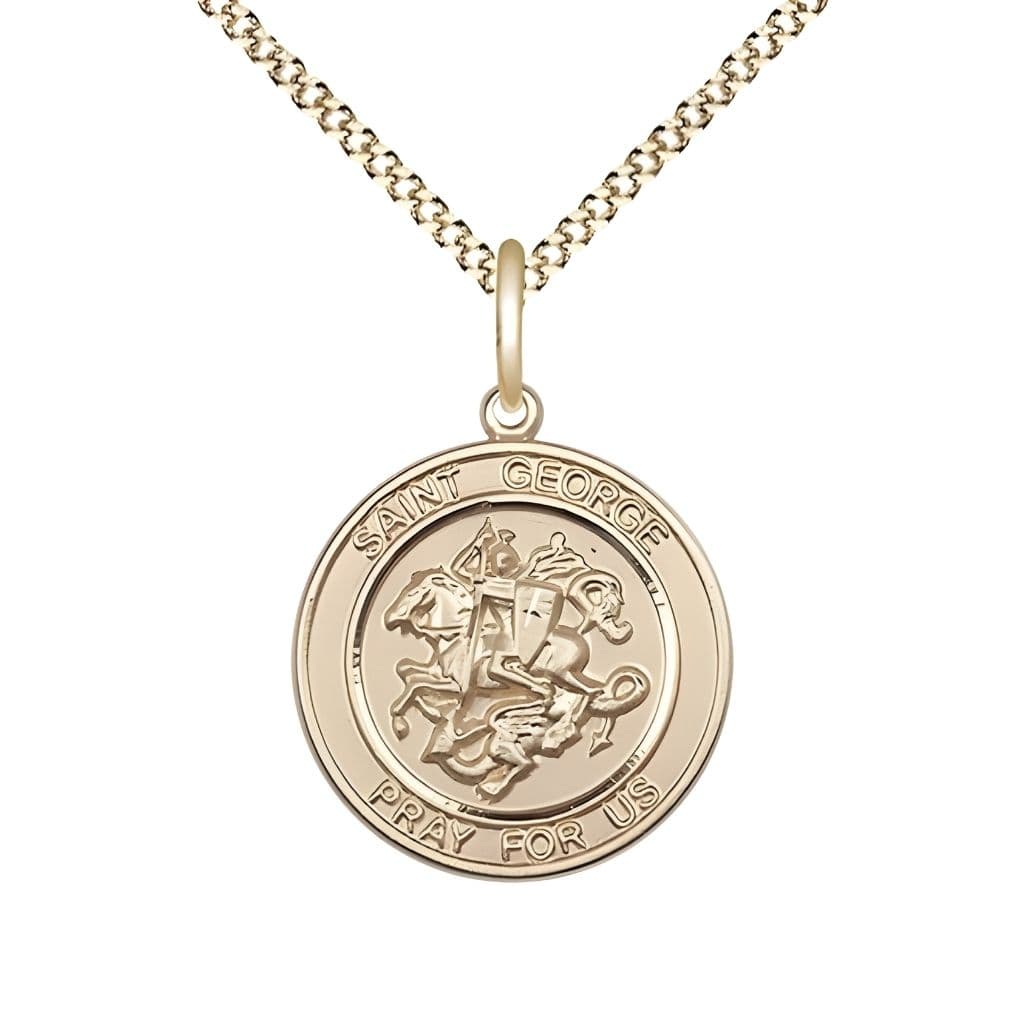Bliss St. George 14kt Gold-filled Round Medal Pendant with Gold-plated Chain, Measures 3/4-inch tall by 5/8-inch wide.