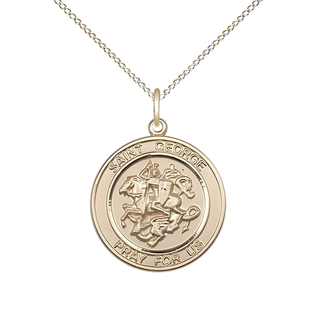 Bliss St. George 14kt Gold Round Medal Pendant with 14kt Gold Chain, Measures 3/4-inch tall by 5/8-inch wide.