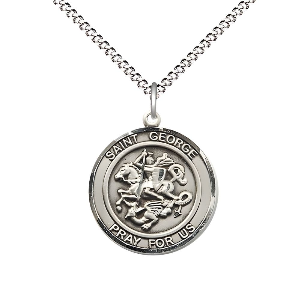 Bliss St. George Pewter Round Medal Pendant with Rhodium-plated Chain, Measures 3/4-inch tall by 5/8-inch wide.