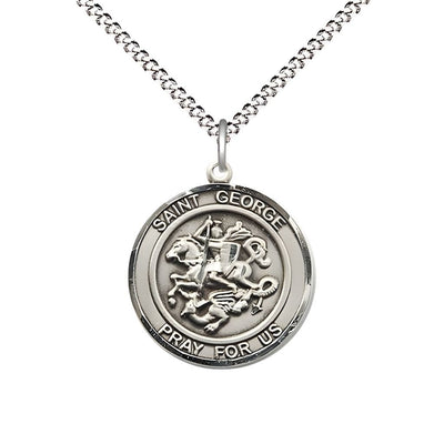 St. George Sterling Silver Round Medal Pendant with Rhodium-plated Chain, Measures 3/4-inch tall by 5/8-inch wide, Bliss Manufacturing
