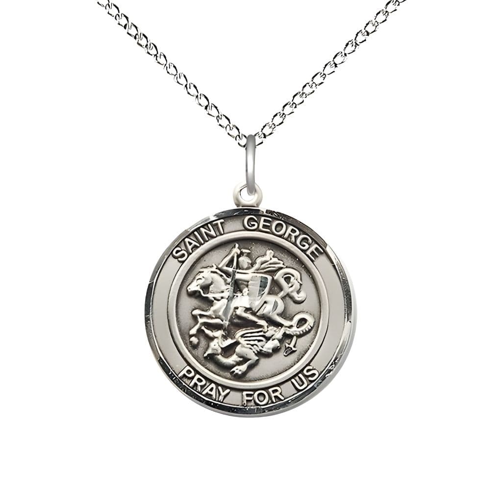Bliss St. George Sterling Silver Round Medal Pendant with Sterling Silver Chain, Measures 3/4-inch tall by 5/8-inch wide.