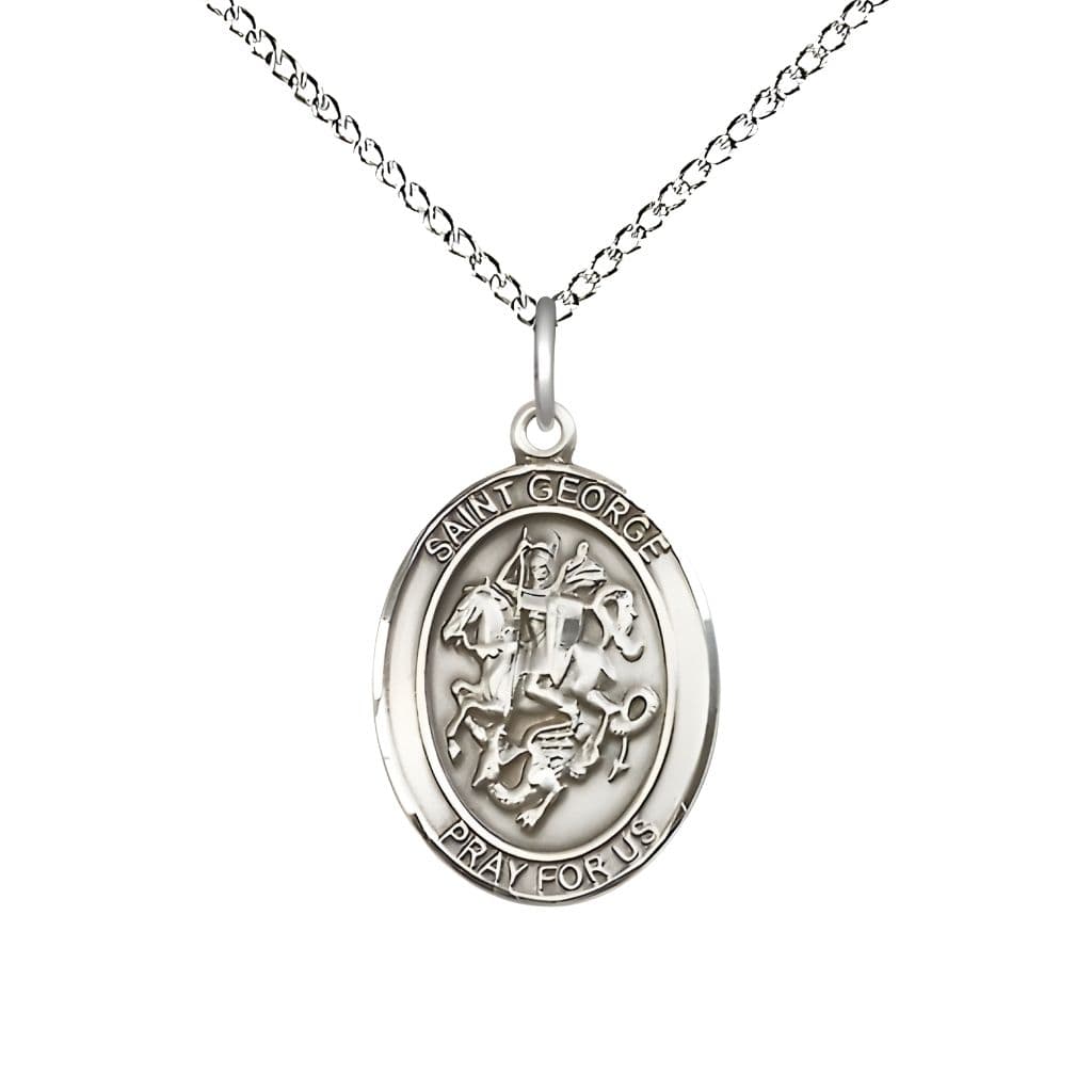 Bliss St. George Sterling Silver Oval Medal Pendant with Sterling Silver Chain, Measures 3/4-inch tall by 1/2-inch wide.