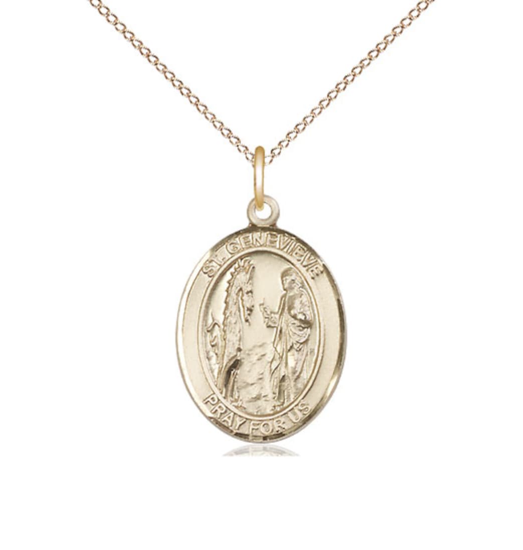 Bliss St Genevieve Gold Filled Oval Medium Medal Necklace with Gold-filled Chain,