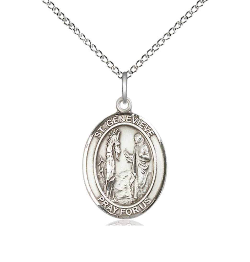 Bliss St Genevieve Sterling Silver Oval Medium Medal Necklace with Sterling Silver Chain,