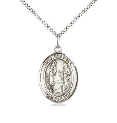 St Genevieve Sterling Silver Oval Medium Medal Necklace with Sterling Silver Chain, Bliss Manufacturing