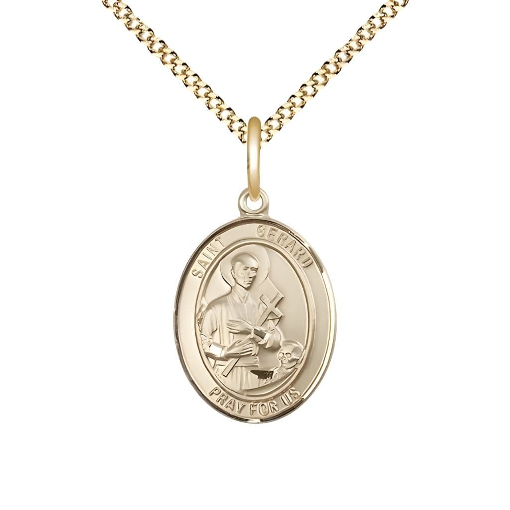 Bliss St. Gerard Majella 14kt Gold-filled Oval Medal Pendant with Gold-plated Chain, Measures 3/4-inch tall by 1/2-inch wide.