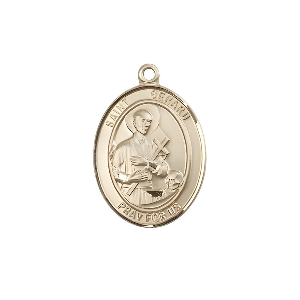 Bliss St. Gerard Majella 14kt Gold Oval Medal Pendant, Measures 3/4-inch tall by 1/2-inch wide.
