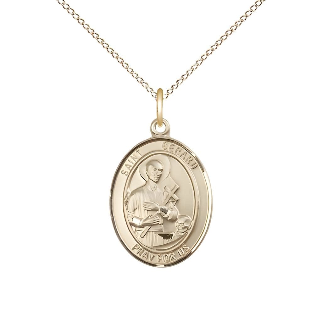Bliss St. Gerard Majella 14kt Gold Oval Medal Pendant with 14kt Gold Chain, Measures 3/4-inch tall by 1/2-inch wide.