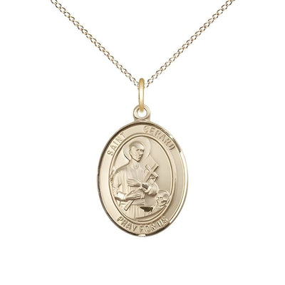 St. Gerard Majella 14kt Gold Oval Medal Pendant with 14kt Gold Chain, Measures 3/4-inch tall by 1/2-inch wide, Bliss Manufacturing