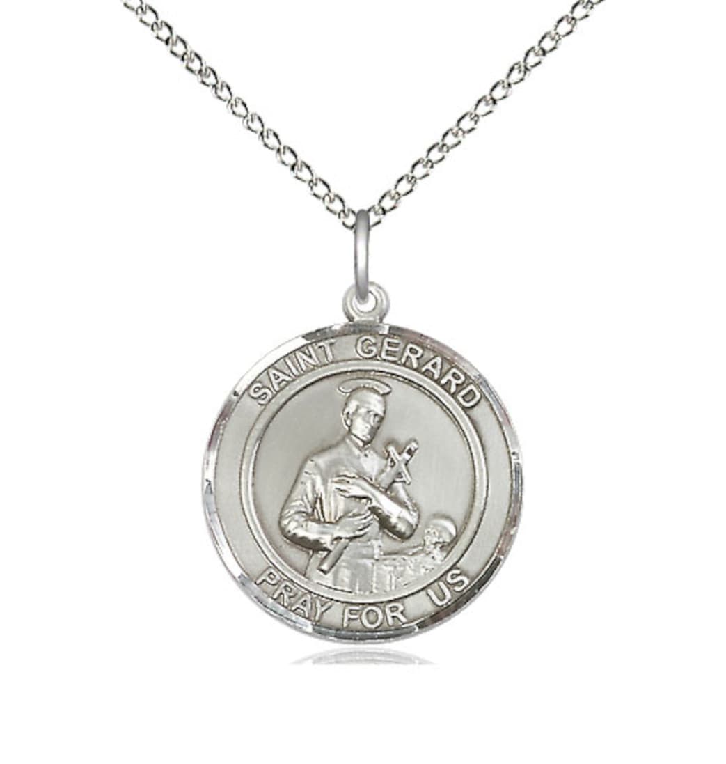 Bliss Medium Round St Gerard Majella Sterling Silver Medal Necklace with Sterling Curb Chain,