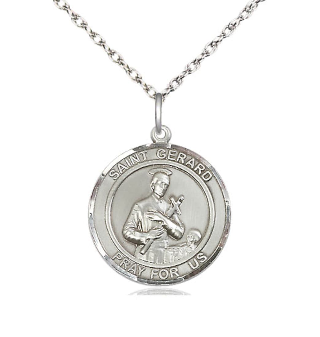 Bliss Medium Round St Gerard Majella Sterling Silver Medal Necklace with Sterling Rope Chain,