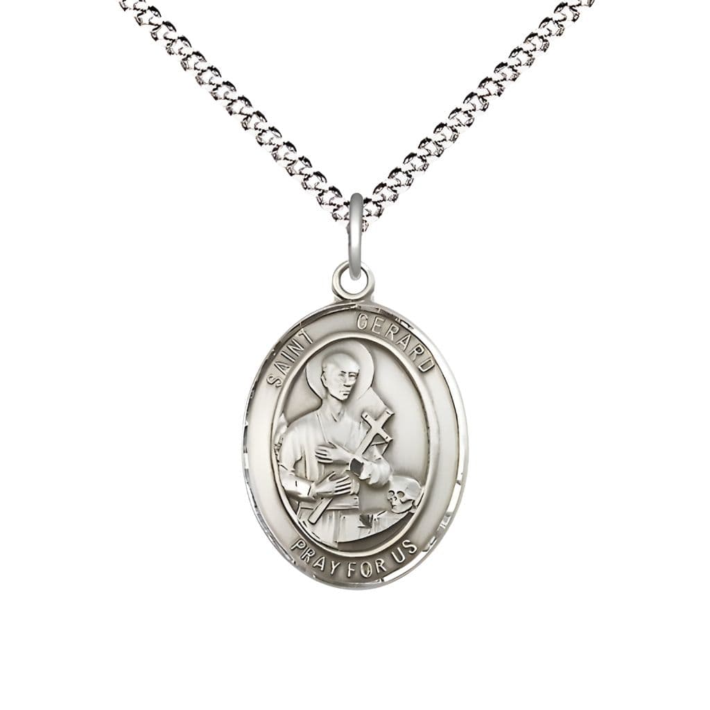 Bliss St. Gerard Majella Sterling Silver Oval Medal Pendant with Rhodium-plated Chain, Measures 3/4-inch tall by 1/2-inch wide.