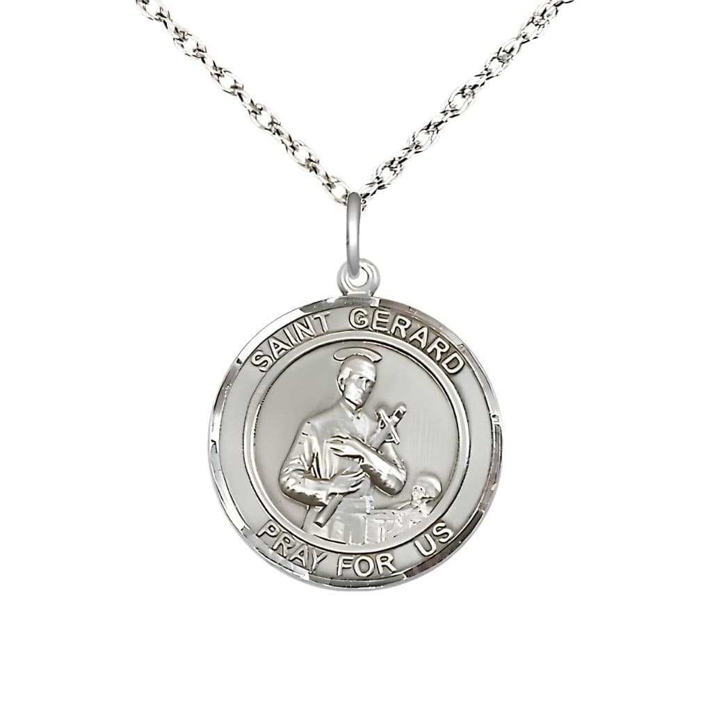 St. Gerard Majella Sterling Silver Round Medal Pendant with Sterling Silver Ropw Chain, Measures 3/4-inch tall by 5/8-inch wide, Bliss Manufacturing
