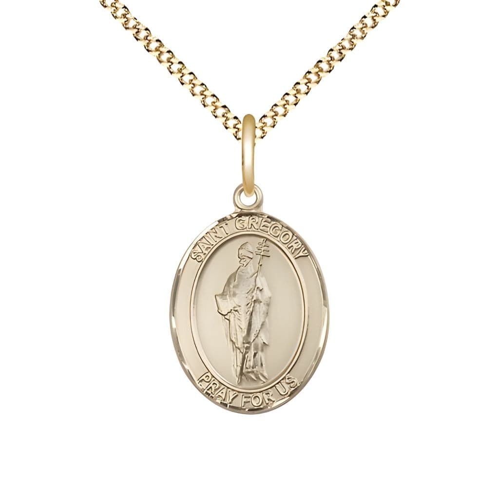 Bliss St. Gregory the Great 14kt Gold-filled Oval Medal Pendant with Gold-plated Chain, Measures 3/4-inch tall by 1/2-inch wide.