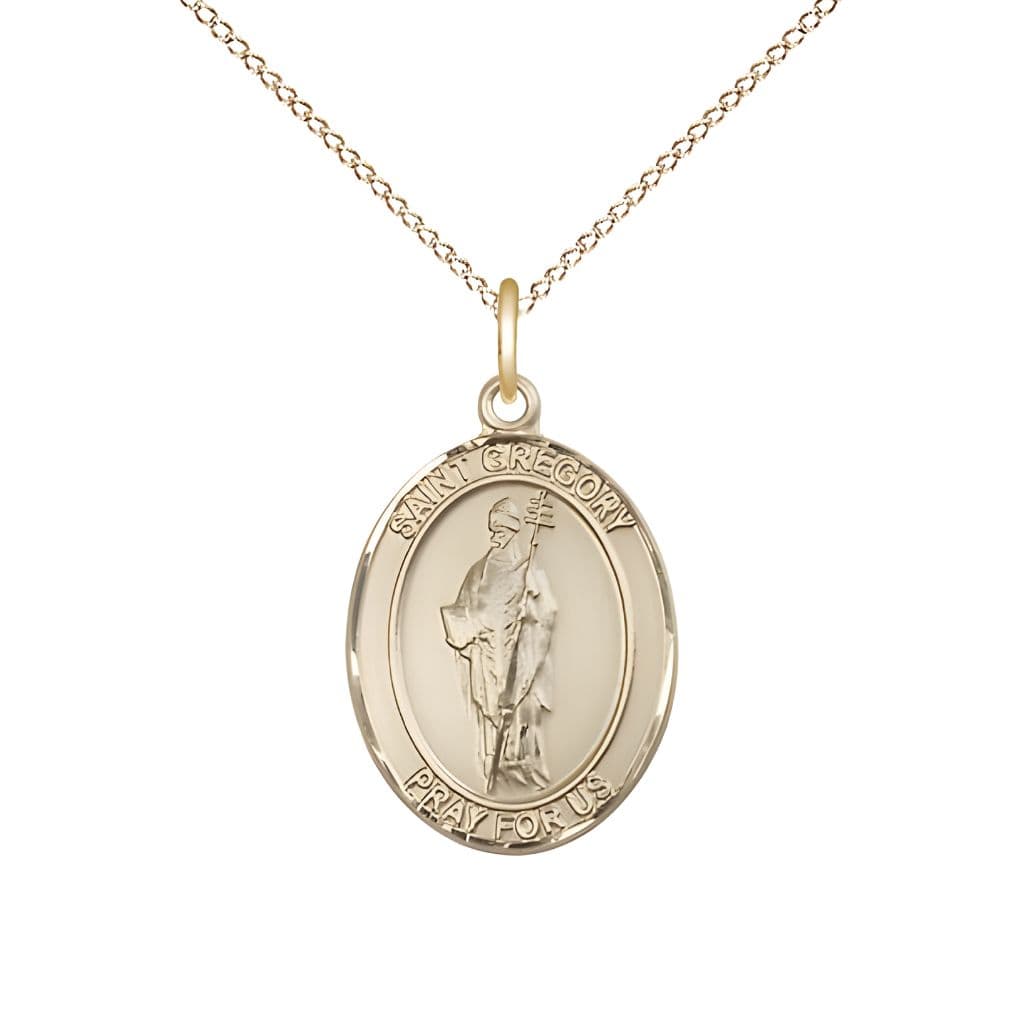 Bliss St. Gregory the Great 14kt Gold-filled Oval Medal Pendant with Gold-filled Chain, Measures 3/4-inch tall by 1/2-inch wide.