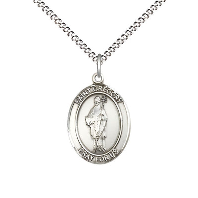 St. Gregory the Great Pewter Oval Medal Pendant with Rhodium-plated Chain, Measures 3/4-inch tall by 1/2-inch wide, Bliss Manufacturing