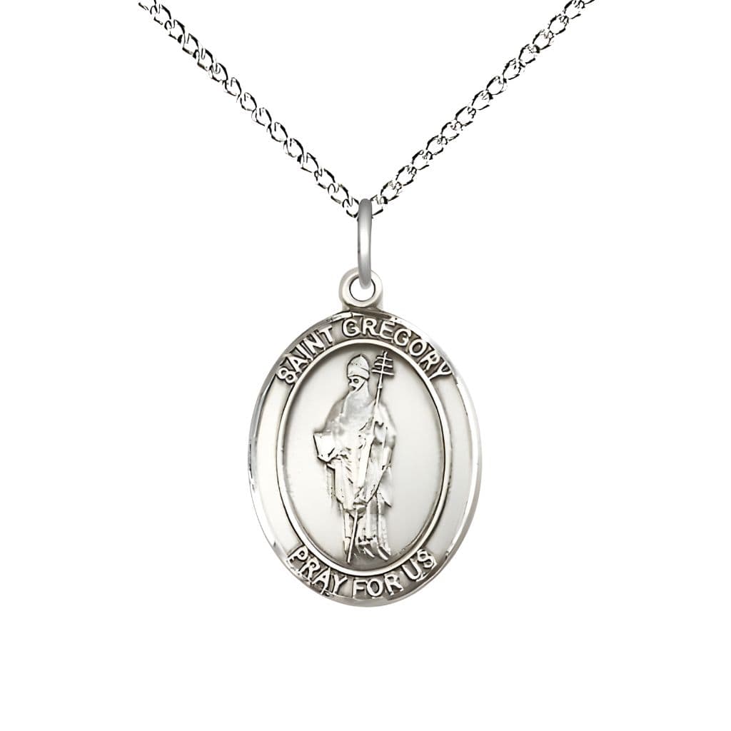 Bliss St. Gregory the Great Sterling Silver Oval Medal Pendant with Sterling Chain, Measures 3/4-inch tall by 1/2-inch wide.