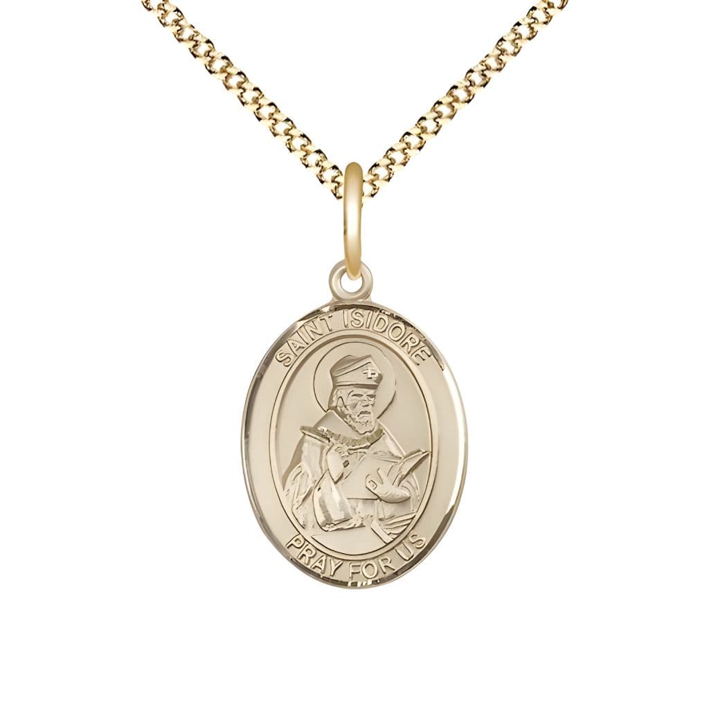Bliss St. Isidore of Seville 14kt Gold-filled Oval Medal Pendant with Gold-plated Chain, Measures 3/4-inch tall by 1/2-inch wide. Deluxe Gift Box.