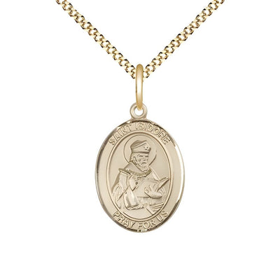 St. Isidore of Seville 14kt Gold-filled Oval Medal Pendant with Gold-plated Chain, Measures 3/4-inch tall by 1/2-inch wide. Deluxe Gift Box, Bliss Manufacturing
