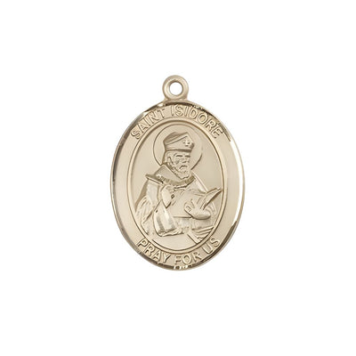 St. Isidore of Seville 14kt Gold Oval Medal Pendant, Measures 3/4-inch tall by 1/2-inch wide. Deluxe Gift Box, Bliss Manufacturing