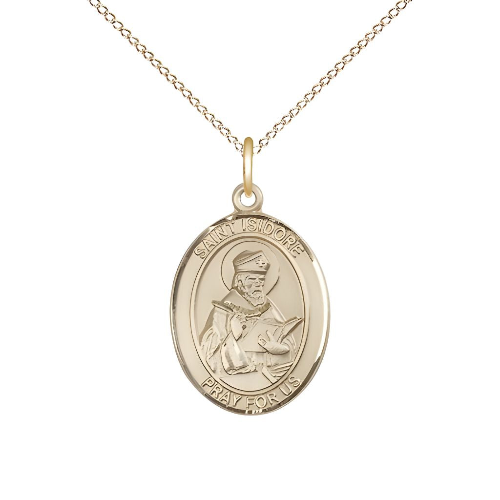 Bliss St. Isidore of Seville 14kt Gold Oval Medal Pendant with 14kt Gold Chain, Measures 3/4-inch tall by 1/2-inch wide. Deluxe Gift Box.