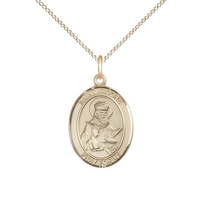 St. Isidore of Seville 14kt Gold Oval Medal Pendant with 14kt Gold Chain, Measures 3/4-inch tall by 1/2-inch wide. Deluxe Gift Box, Bliss Manufacturing