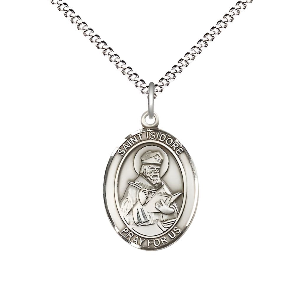 Bliss St. Isidore of Seville Sterling Silver Oval Medal Pendant with Rhodium-plated Chain, Measures 3/4-inch tall by 1/2-inch wide. Deluxe Gift Box.