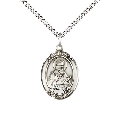 St. Isidore of Seville Sterling Silver Oval Medal Pendant with Rhodium-plated Chain, Measures 3/4-inch tall by 1/2-inch wide. Deluxe Gift Box, Bliss Manufacturing