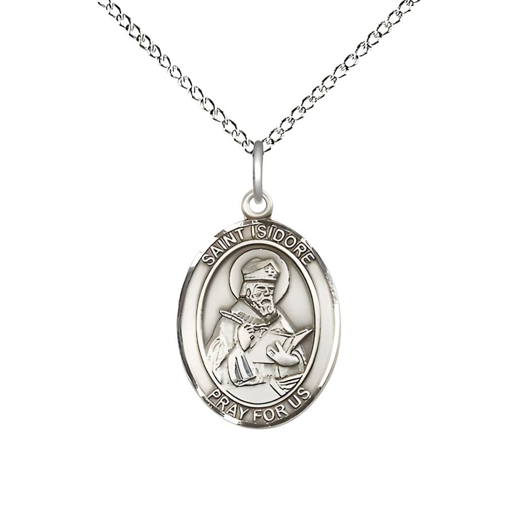 Bliss St. Isidore of Seville Sterling Silver Oval Medal Pendant with Sterling Silver Chain, Measures 3/4-inch tall by 1/2-inch wide. Deluxe Gift Box.