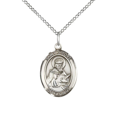 St. Isidore of Seville Sterling Silver Oval Medal Pendant with Sterling Silver Chain, Measures 3/4-inch tall by 1/2-inch wide. Deluxe Gift Box, Bliss Manufacturing