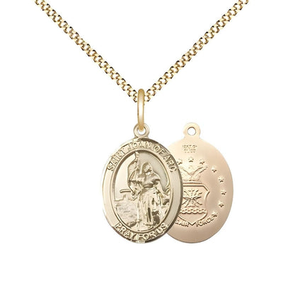 St. Joan of Arc Air Force 14kt Gold-filled Oval Medal Pendant with Gold-plated Chain, Measures 3/4-inch tall by 1/2-inch wide. Deluxe Gift Box, Bliss Manufacturing